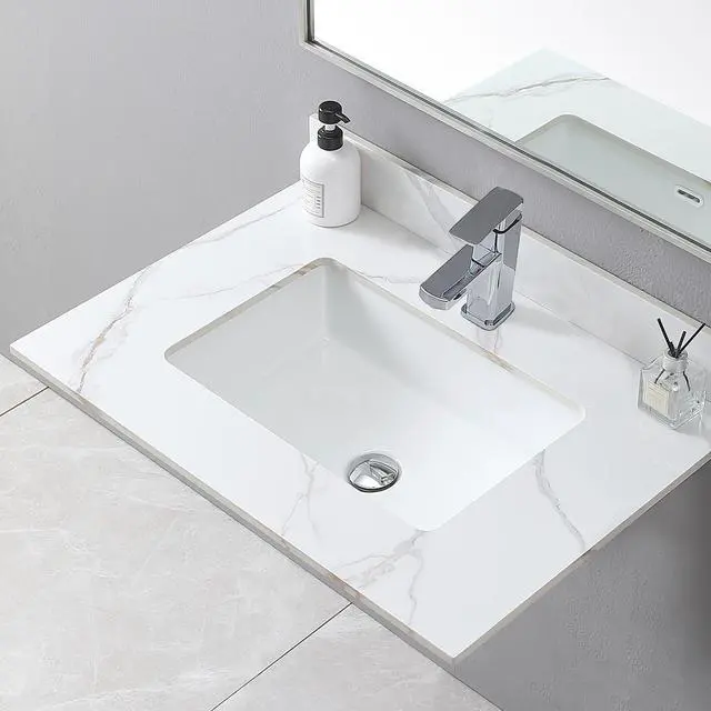 Alt view image 2 of 7 - Montary 31inch bathroom stone vanity top carrara gold color with undermount ceramic sink and single faucet hole with backsplash