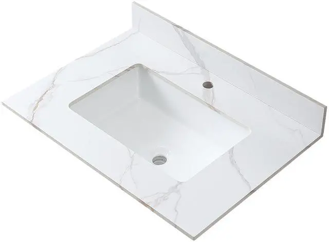 Main image of Montary 31inch bathroom stone vanity top carrara gold color with undermount ceramic sink and single faucet hole with backsplash