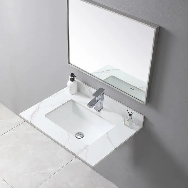 Alt view image 5 of 7 - Montary 31inch bathroom stone vanity top carrara gold color with undermount ceramic sink and single faucet hole with backsplash