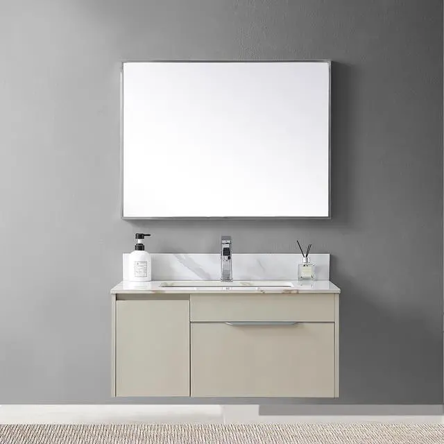 Alt view image 4 of 7 - Montary 31inch bathroom stone vanity top carrara gold color with undermount ceramic sink and single faucet hole with backsplash