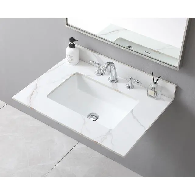 Alt view image 2 of 7 - Montary 31inch bathroom vanity top stone carrara gold new style tops with rectangle undermount ceramic sink and back splash with 3 faucet hole for bathrom cabinet