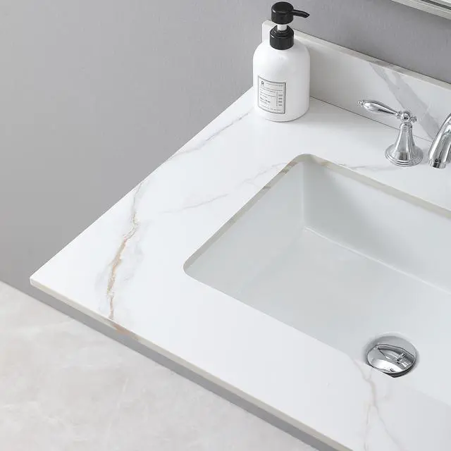 Alt view image 5 of 7 - Montary 31inch bathroom vanity top stone carrara gold new style tops with rectangle undermount ceramic sink and back splash with 3 faucet hole for bathrom cabinet