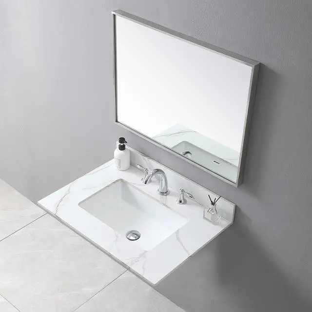 Main image of Montary 31inch bathroom vanity top stone carrara gold new style tops with rectangle undermount ceramic sink and back splash with 3 faucet hole for bathrom cabinet