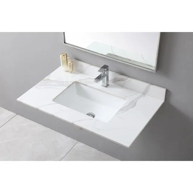 Alt view image 2 of 7 - Montary 37inch bathroom vanity top stone carrara gold new style tops with rectangle undermount ceramic sink and single faucet hole