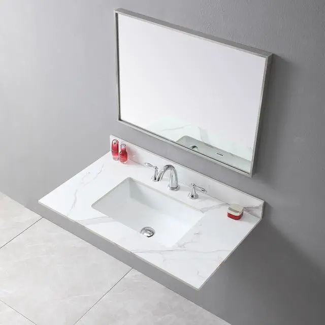 Alt view image 3 of 7 - Montary 37inch bathroom vanity top stone carrara gold new style tops with rectangle undermount ceramic sink and 3 faucet hole for bathroom cabinet