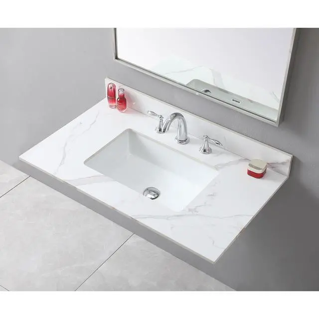 Alt view image 5 of 7 - Montary 37inch bathroom vanity top stone carrara gold new style tops with rectangle undermount ceramic sink and 3 faucet hole for bathroom cabinet