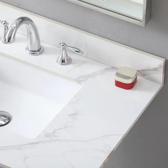 Alt view image 6 of 7 - Montary 37inch bathroom vanity top stone carrara gold new style tops with rectangle undermount ceramic sink and 3 faucet hole for bathroom cabinet