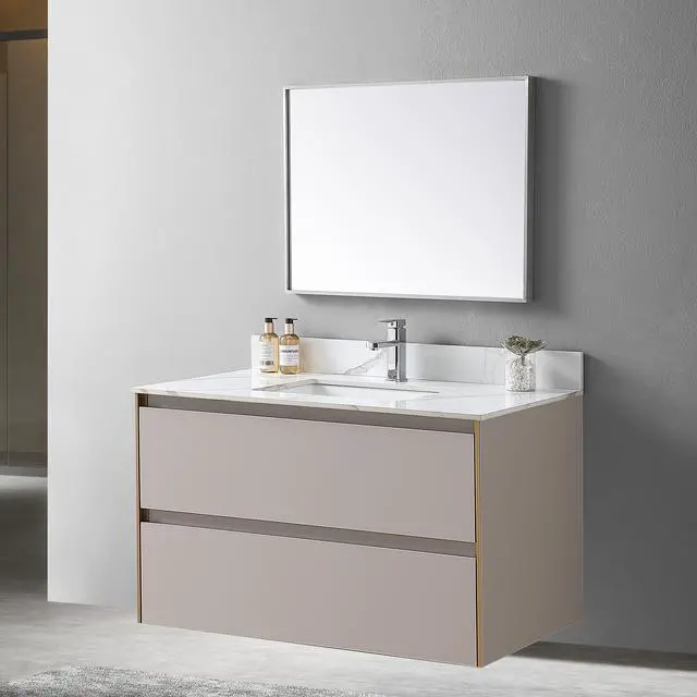 Alt view image 2 of 7 - Montary 43x 22 inch bathroom stone vanity carrara gold color sintered stone vanity top with single faucet hole .