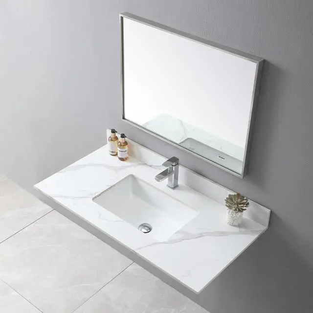 Alt view image 7 of 7 - Montary 43x 22 inch bathroom stone vanity carrara gold color sintered stone vanity top with single faucet hole .
