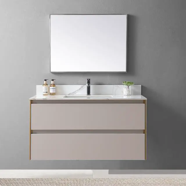 Alt view image 6 of 7 - Montary 43x 22 inch bathroom stone vanity carrara gold color sintered stone vanity top with single faucet hole .