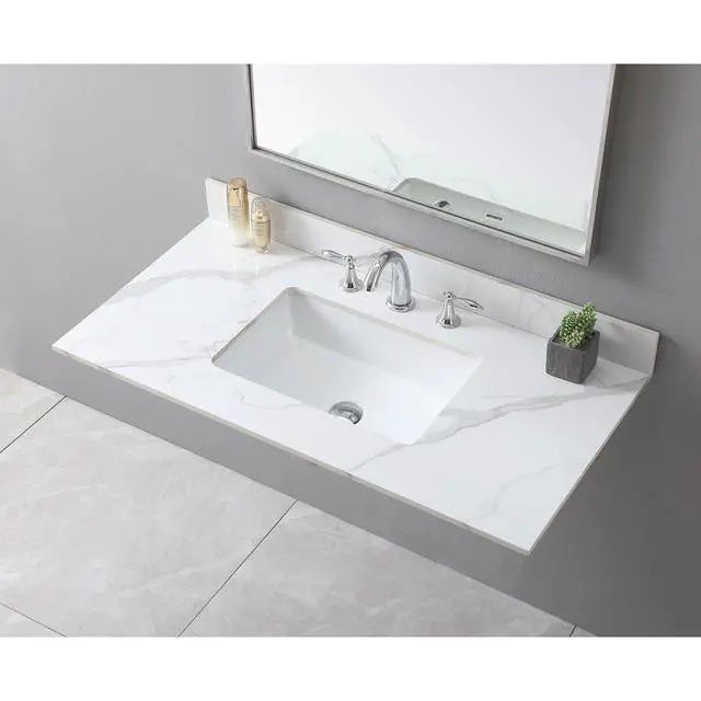 Alt view image 2 of 7 - Montary 43x22inch bathroom vantiy top sintered stone carrara gold with 3 faucet hole for bathroom cabinet .
