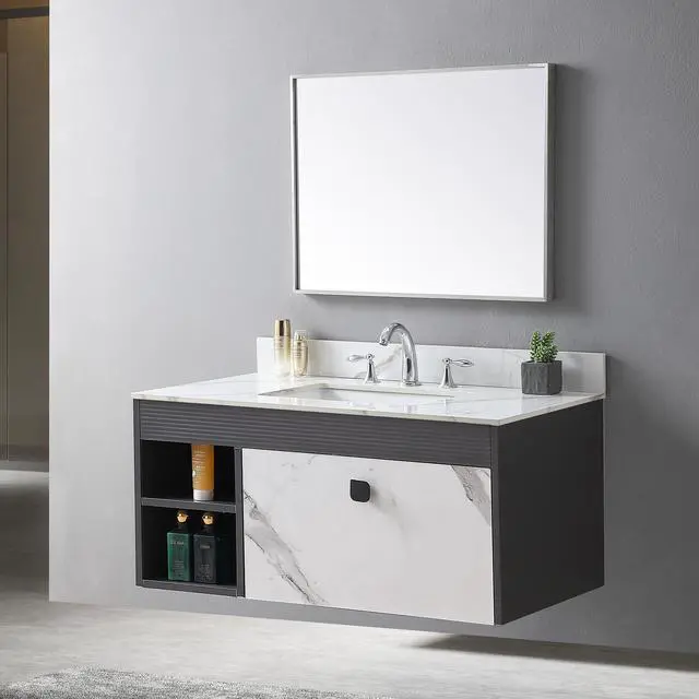 Alt view image 4 of 7 - Montary 43x22inch bathroom vantiy top sintered stone carrara gold with 3 faucet hole for bathroom cabinet .