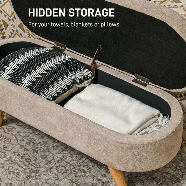 Alt view image 6 of 7 - HOMCOM Storage Ottoman Bench, 43.3" Teddy Fleece Upholstered End of Bed Bench with Wood Legs and Padded Seat, Oval Modern Entryway Bench, Beige