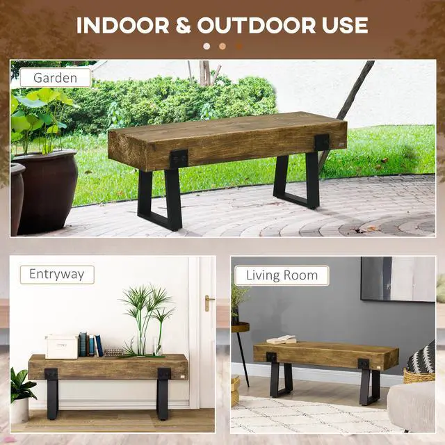Alt view image 3 of 7 - Garden Bench with Metal Legs, Rustic Wood Effect Concrete Entryway Bench, End of Bed Bench, Indoor Outdoor Use for Patio, Park, Porch and Lawn, Natural and Black