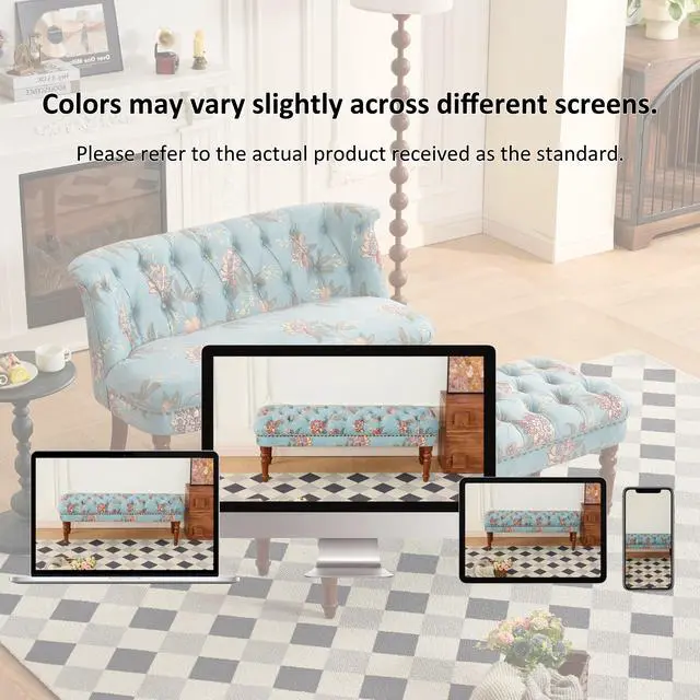 Alt view image 4 of 7 - European Style Tufted Floral Bench with Turned Wood Legs,American Upholstered Ottoman for Bedroom & Primary Living Space
