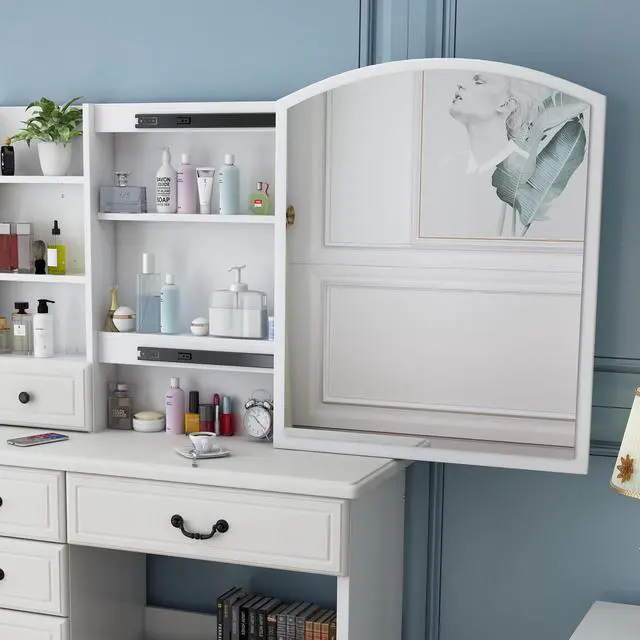 Alt view image 4 of 7 - Fashion Vanity Desk with Mirror and Lights for Makeup, Vanity Mirror with Lights and Table Set with 3 Color Lighting Brightness Adjustable, 6 Drawers, White Color