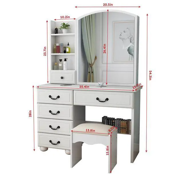 Alt view image 3 of 7 - Fashion Vanity Desk with Mirror and Lights for Makeup, Vanity Mirror with Lights and Table Set with 3 Color Lighting Brightness Adjustable, 6 Drawers, White Color