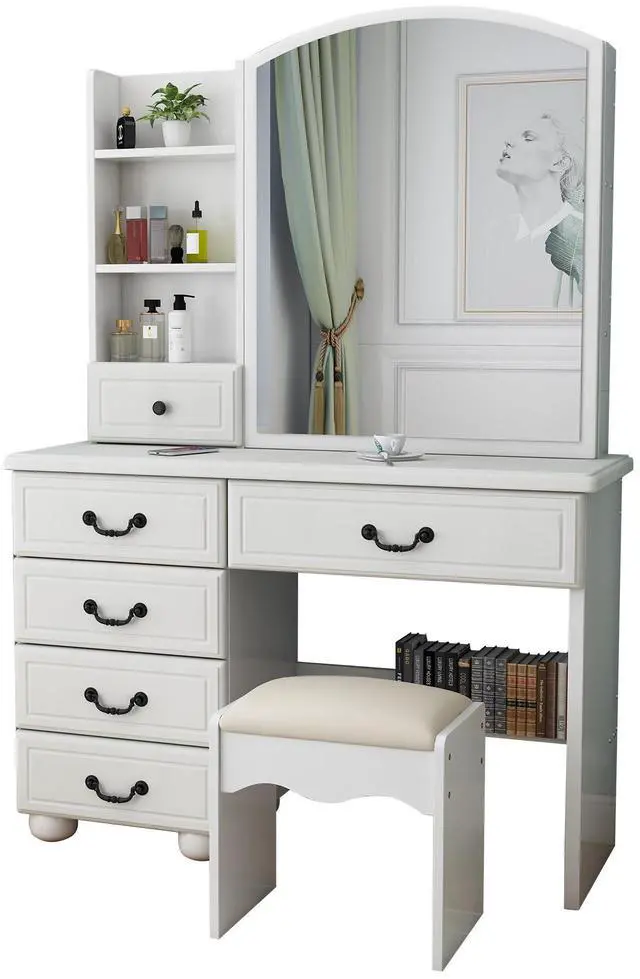 Main image of Fashion Vanity Desk with Mirror and Lights for Makeup, Vanity Mirror with Lights and Table Set with 3 Color Lighting Brightness Adjustable, 6 Drawers, White Color