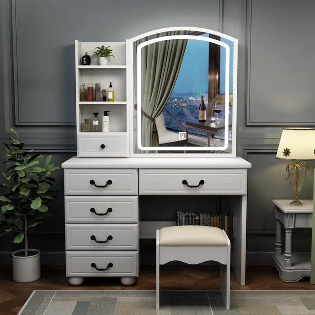 Alt view image 2 of 7 - Fashion Vanity Desk with Mirror and Lights for Makeup, Vanity Mirror with Lights and Table Set with 3 Color Lighting Brightness Adjustable, 6 Drawers, White Color
