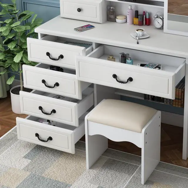 Alt view image 5 of 7 - Fashion Vanity Desk with Mirror and Lights for Makeup, Vanity Mirror with Lights and Table Set with 3 Color Lighting Brightness Adjustable, 6 Drawers, White Color