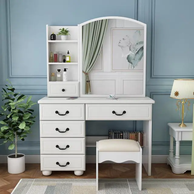 Alt view image 6 of 7 - Fashion Vanity Desk with Mirror and Lights for Makeup, Vanity Mirror with Lights and Table Set with 3 Color Lighting Brightness Adjustable, 6 Drawers, White Color