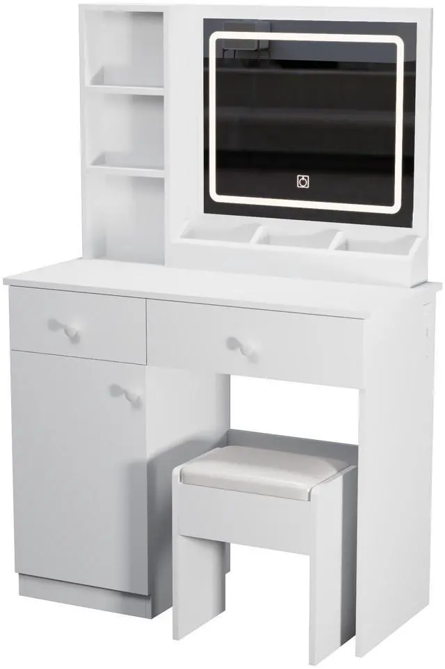 Main image of Fashion Vanity Desk with Mirror and Lights for Makeup, Vanity Mirror with Lights and Table Set with 3 Color Lighting Brightness Adjustable, 2 big Drawers, White Color