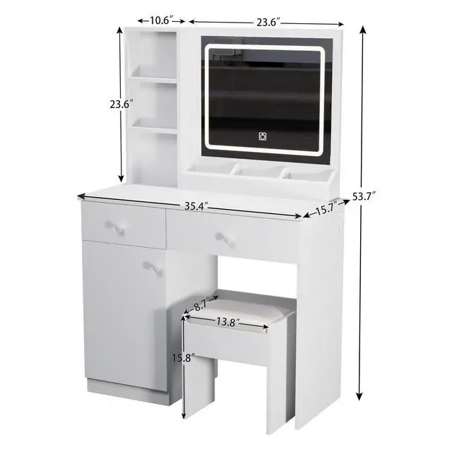 Alt view image 3 of 7 - Fashion Vanity Desk with Mirror and Lights for Makeup, Vanity Mirror with Lights and Table Set with 3 Color Lighting Brightness Adjustable, 2 big Drawers, White Color