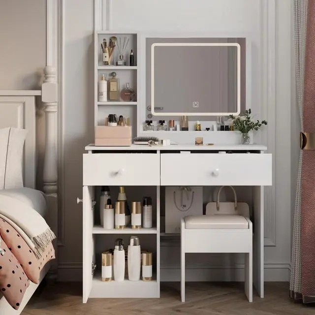 Alt view image 2 of 7 - Fashion Vanity Desk with Mirror and Lights for Makeup, Vanity Mirror with Lights and Table Set with 3 Color Lighting Brightness Adjustable, 2 big Drawers, White Color