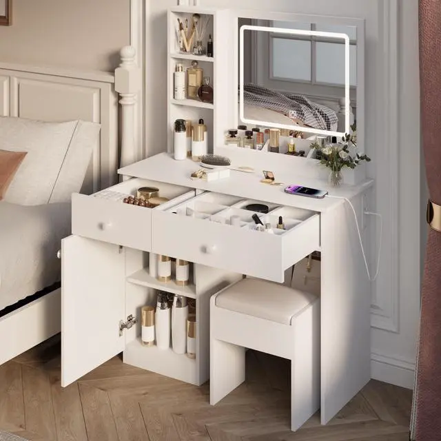 Alt view image 4 of 7 - Fashion Vanity Desk with Mirror and Lights for Makeup, Vanity Mirror with Lights and Table Set with 3 Color Lighting Brightness Adjustable, 2 big Drawers, White Color