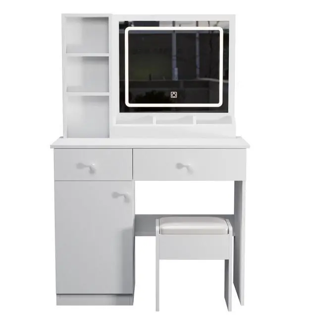 Alt view image 6 of 7 - Fashion Vanity Desk with Mirror and Lights for Makeup, Vanity Mirror with Lights and Table Set with 3 Color Lighting Brightness Adjustable, 2 big Drawers, White Color