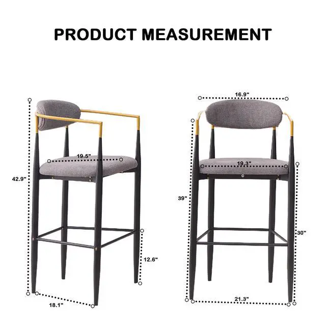 Alt view image 3 of 7 - Modern Upholstered Bar Stool with Gold-Accented Armrests - 30" Seat Height,Ergonomic Design for Kitchen Island or Dining Counter Use,Set of 2 - Grey Fabric & Black Metal Frame
