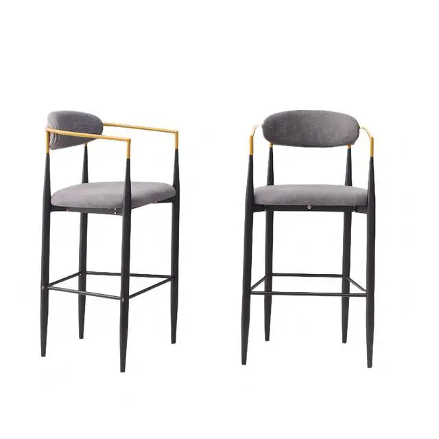 Main image of Modern Upholstered Bar Stool with Gold-Accented Armrests - 30" Seat Height,Ergonomic Design for Kitchen Island or Dining Counter Use,Set of 2 - Grey Fabric & Black Metal Frame