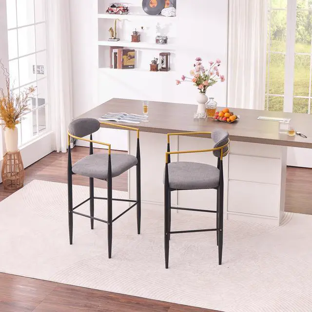 Alt view image 6 of 7 - Modern Upholstered Bar Stool with Gold-Accented Armrests - 30" Seat Height,Ergonomic Design for Kitchen Island or Dining Counter Use,Set of 2 - Grey Fabric & Black Metal Frame