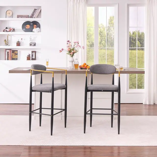 Alt view image 2 of 7 - Modern Upholstered Bar Stool with Gold-Accented Armrests - 30" Seat Height,Ergonomic Design for Kitchen Island or Dining Counter Use,Set of 2 - Grey Fabric & Black Metal Frame