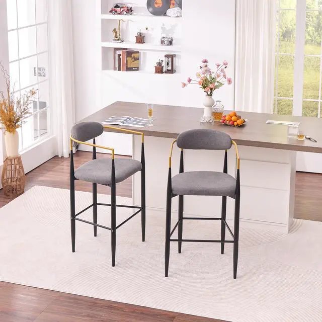 Alt view image 5 of 7 - Modern Upholstered Bar Stool with Gold-Accented Armrests - 30" Seat Height,Ergonomic Design for Kitchen Island or Dining Counter Use,Set of 2 - Grey Fabric & Black Metal Frame
