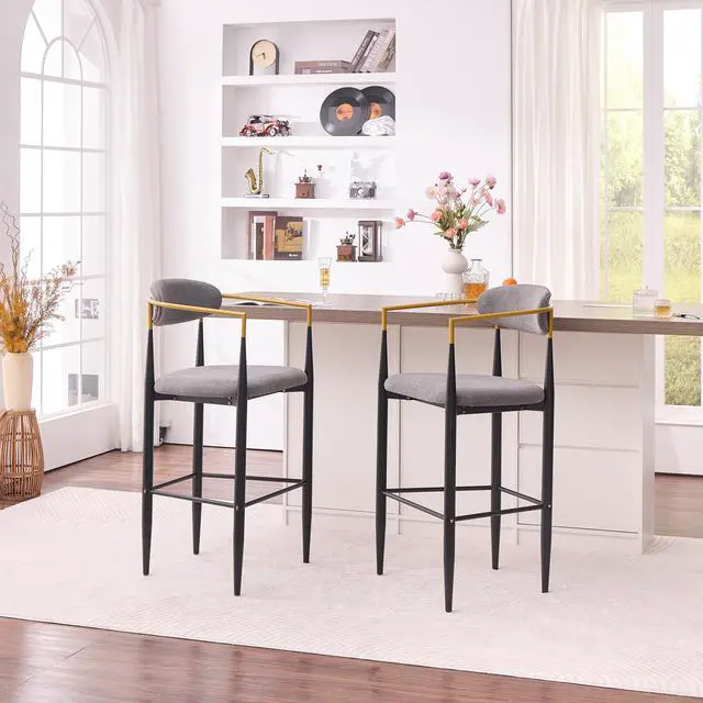 Alt view image 4 of 7 - Modern Upholstered Bar Stool with Gold-Accented Armrests - 30" Seat Height,Ergonomic Design for Kitchen Island or Dining Counter Use,Set of 2 - Grey Fabric & Black Metal Frame