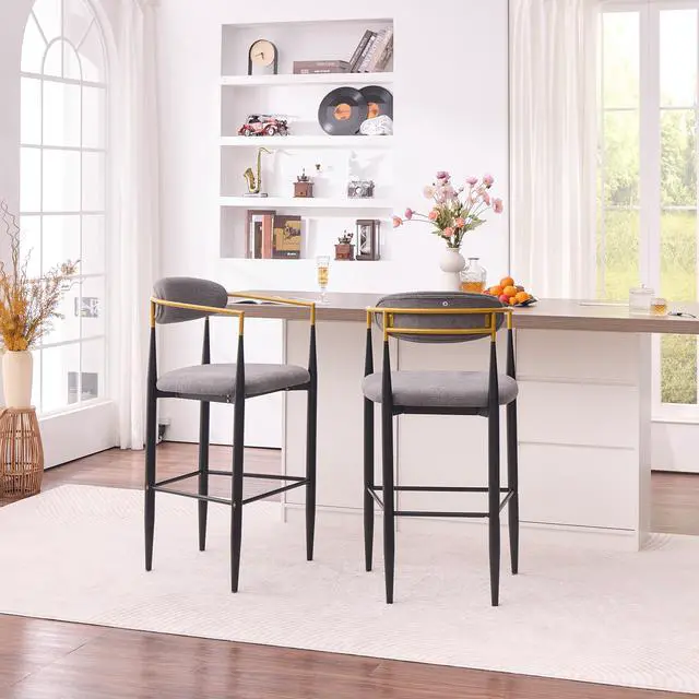 Alt view image 7 of 7 - Modern Upholstered Bar Stool with Gold-Accented Armrests - 30" Seat Height,Ergonomic Design for Kitchen Island or Dining Counter Use,Set of 2 - Grey Fabric & Black Metal Frame