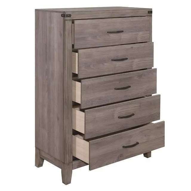 Alt view image 3 of 7 - Brownish Gray Finish 1pc Bedroom Chest of 5 Drawers Melamine Laminate Dark Metal Hardware Corner Rivets