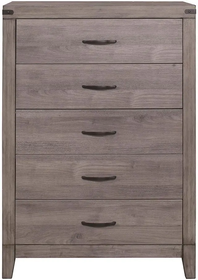 Main image of Brownish Gray Finish 1pc Bedroom Chest of 5 Drawers Melamine Laminate Dark Metal Hardware Corner Rivets