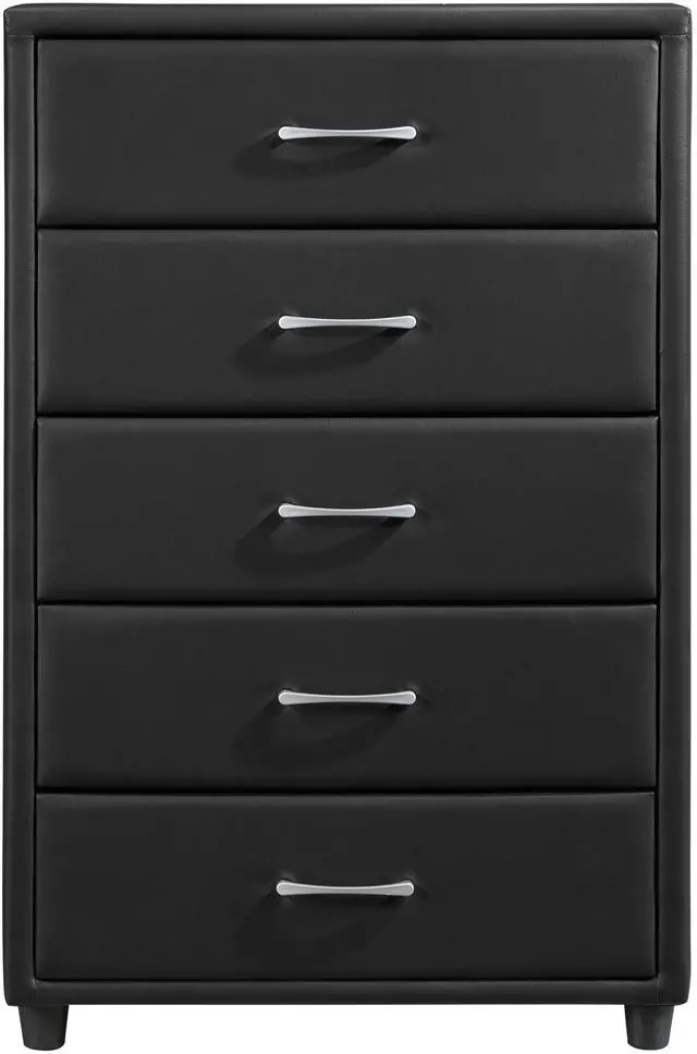 Main image of Contemporary Durable Black Faux Leather Covering 1Pc Chest Of Drawers Silver Tone Bar Pulls Stylish Furniture
