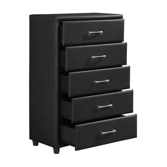 Alt view image 3 of 6 - Contemporary Durable Black Faux Leather Covering 1Pc Chest Of Drawers Silver Tone Bar Pulls Stylish Furniture