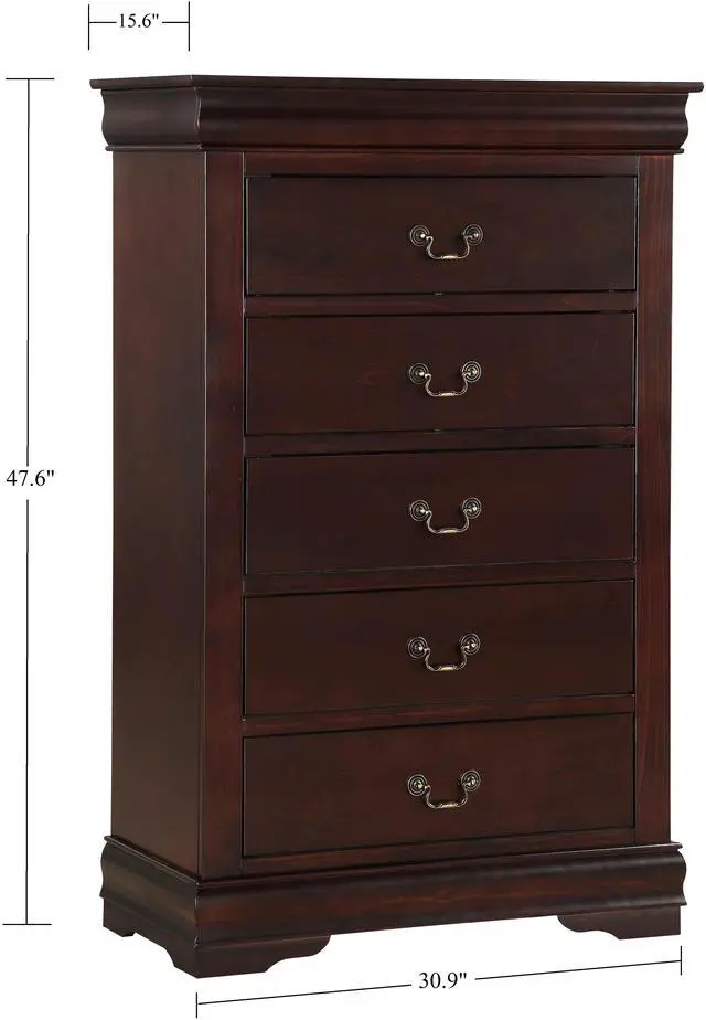 Alt view image 3 of 6 - 1pc Cherry Finish Five Drawers Louis Philip Chest Solid Wood Contemporary Sleek Ample Storage