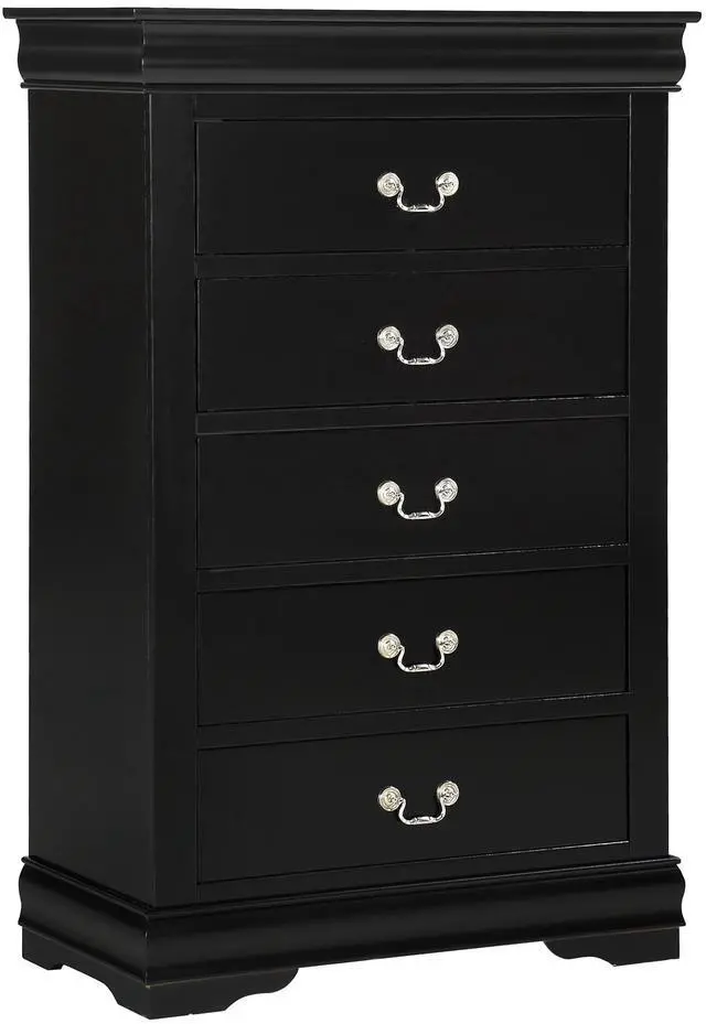 Main image of 1pc Black Finish Five Drawers Louis Philip Chest Solid Wood Contemporary Sleek Ample Storage
