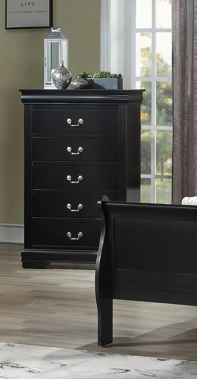 Alt view image 2 of 5 - 1pc Black Finish Five Drawers Louis Philip Chest Solid Wood Contemporary Sleek Ample Storage