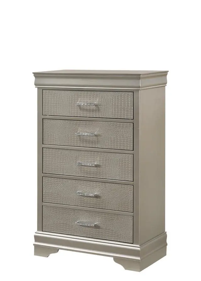 Alt view image 2 of 5 - 5-Drawer Tall Chest Modern 1Pc Beige Champagne Texture Finish Solid Wood Wooden Crystal Tufted Handle Bedroom Home Furniture
