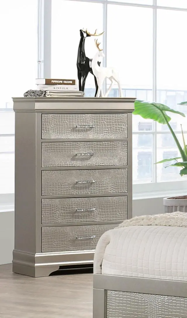 Main image of 5-Drawer Tall Chest Modern 1Pc Beige Champagne Texture Finish Solid Wood Wooden Crystal Tufted Handle Bedroom Home Furniture