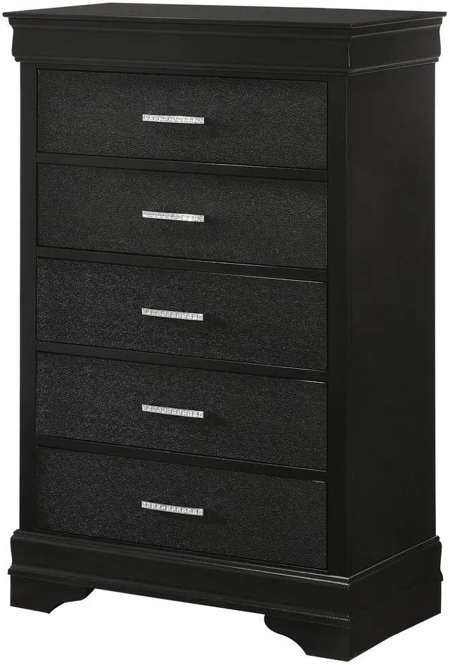 Alt view image 2 of 5 - 5-Drawer Tall Chest Modern 1pc Black Finish Solid Wood Wooden Crocodile Texture Crystal Tufted Handle Bedroom Home Furniture