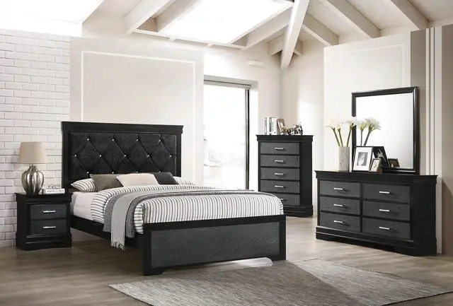 Alt view image 5 of 5 - 5-Drawer Tall Chest Modern 1pc Black Finish Solid Wood Wooden Crocodile Texture Crystal Tufted Handle Bedroom Home Furniture