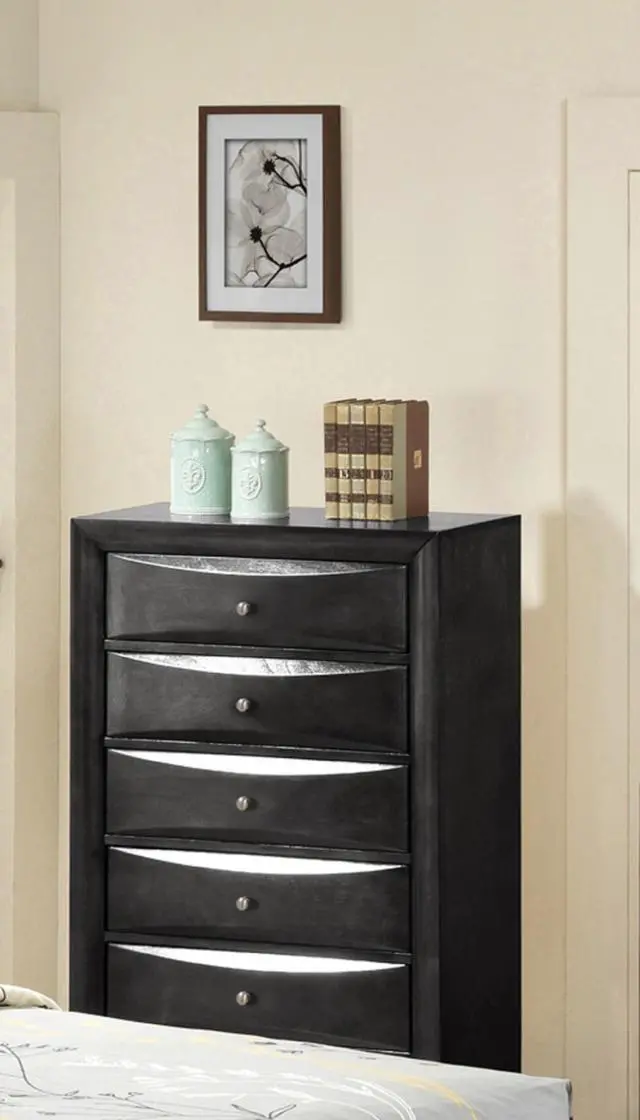 Alt view image 2 of 6 - 1Pc Contemporary 5 Drawer Chest Black Finish Solid Wood Wooden Bedroom Furniture