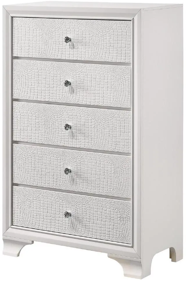 Main image of 1pc Modern Glam Style White Frost Finish Glam Five Drawer Chest Embossed Crocodile Pattern Wooden Bedroom Furniture